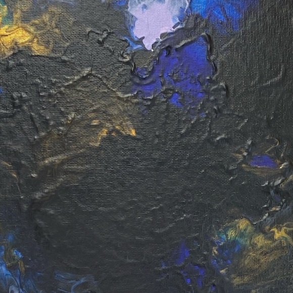 Handmade acrylic pour painting by Svetlana Yeung in blue black and gold 10”x10” - Picture 6 of 11